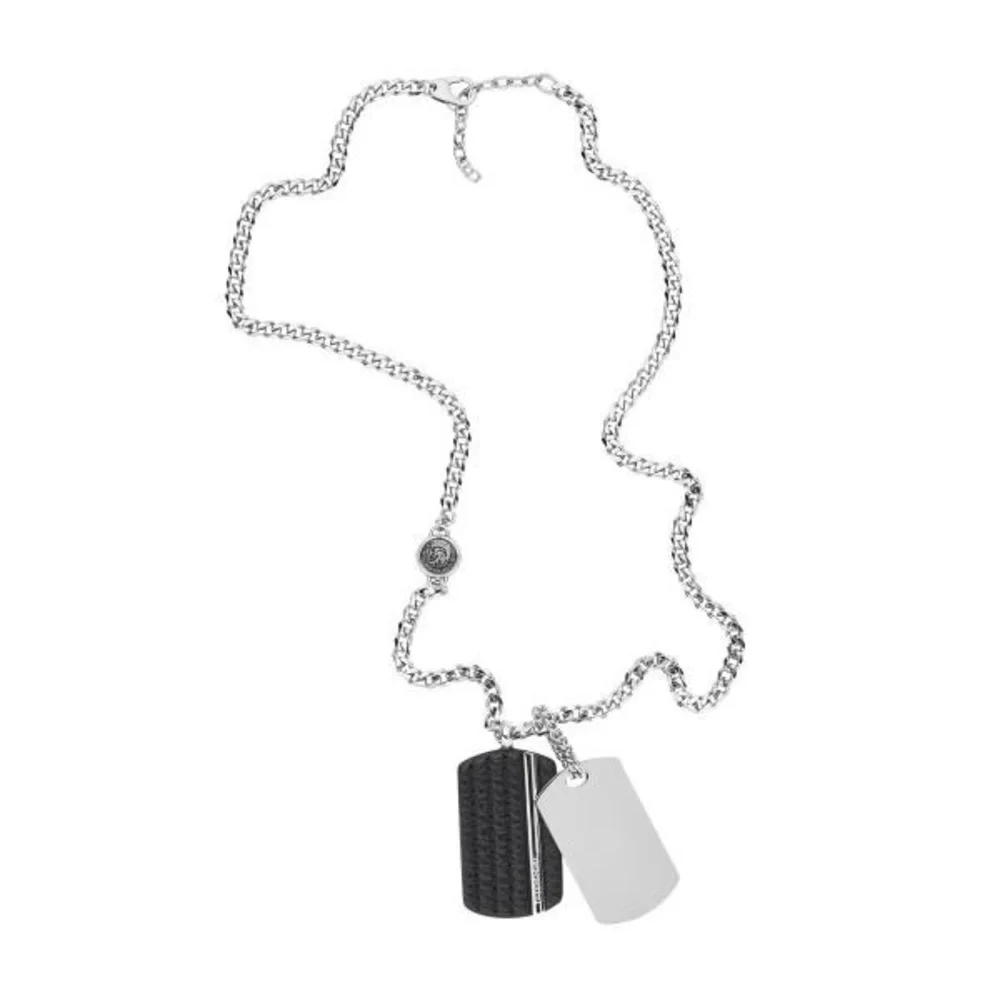 Diesel Double Dog Tag Stainless Steel Silver Leather Necklace DX1040040